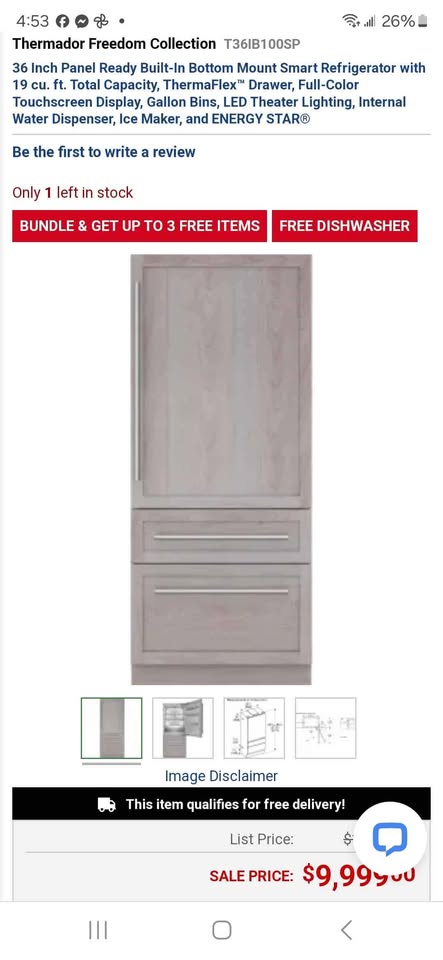 A mobile phone screenshot showing a product listing for a Thermador Freedom Collection refrigerator. The listing displays a light gray/white panel door, smaller thumbnail views, and text describing the 36-inch panel-ready built-in bottom mount smart refrigerator with 19 cu.