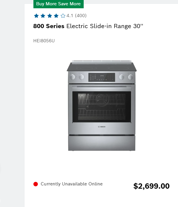 A product listing for a Bosch 800 Series electric slide-in range 30 inches, showing a stainless steel oven with a black glass door and control panel. The image includes a green 'Buy More Save More' banner at the top, a 4.