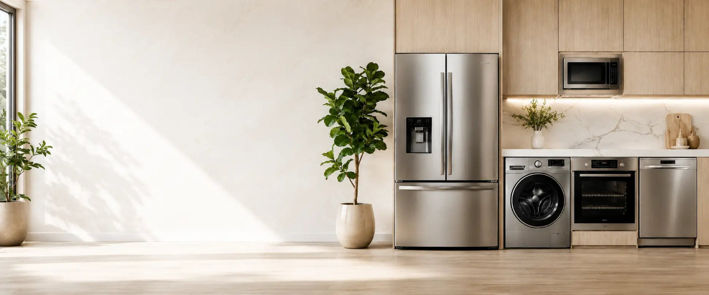A modern kitchen scene featuring stainless steel appliances, including a French-door refrigerator, a washing machine, an oven, and a dishwasher, set against light wood cabinets and a marble countertop.