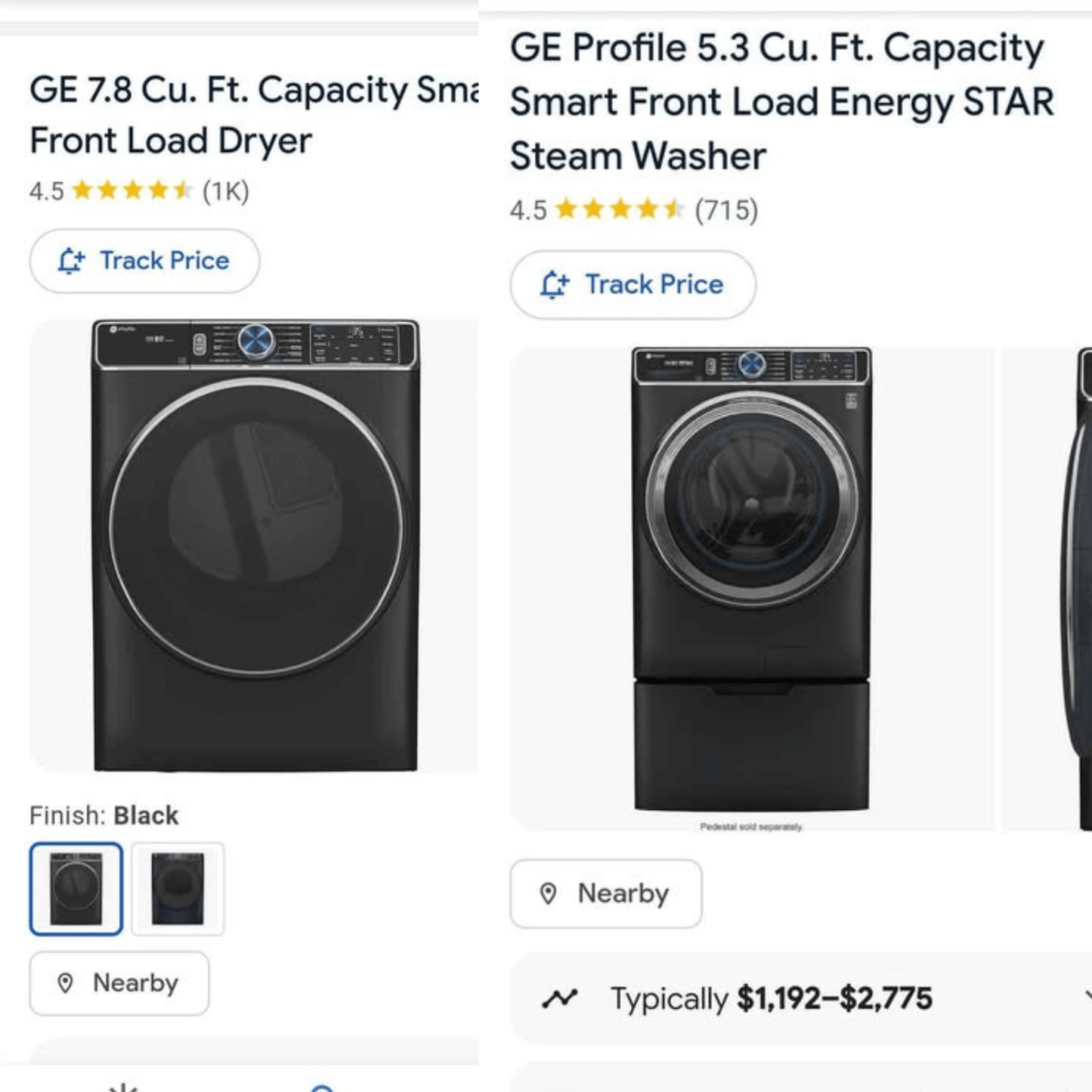 A screenshot showing two GE front-load appliances on a marketplace page: a GE 7.8 Cu.