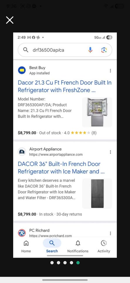 A screenshot of a Google search page showing product listings for a 'Dacor 36" Built In French Door Refrigerator with Ice Maker and Water Filter - DRF36500APCA'.