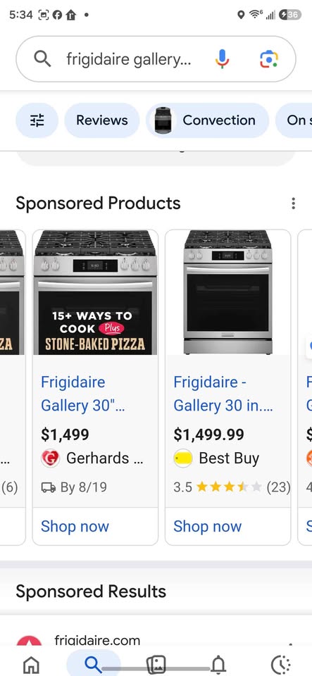 A screenshot of a Frigidaire gallery page showing appliance listings under Sponsored Products, including a gas range and a freestanding oven. The page includes search bars, category tabs, prices, ratings, and 'Shop now' buttons.
