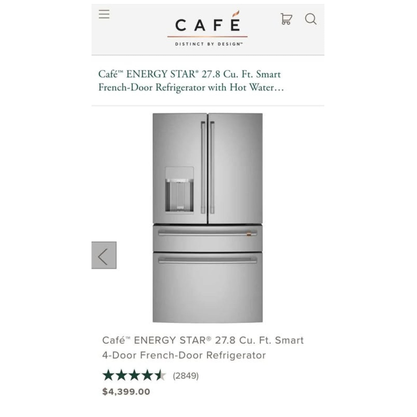 A product listing page showing a Café Energy Star 27.8 cu.