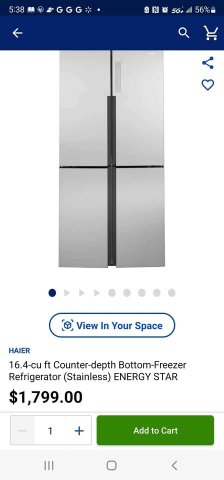 A stainless steel Haier bottom-freezer refrigerator shown on a product listing page, with the model name ENERGY STAR and a green 'Add to Cart' button visible below.