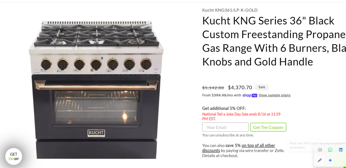 A Kucht KNG Series 36" freestanding gas range shown in a product listing screenshot. The appliance is white with black burners, black control knobs, and a gold handle.