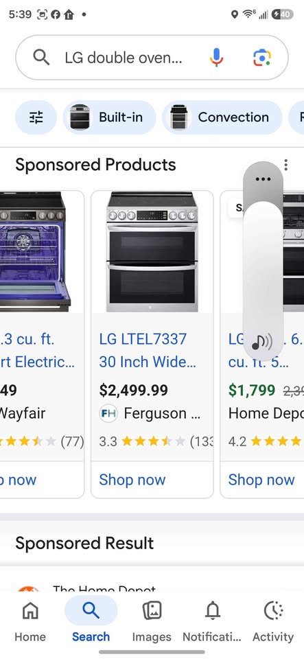 A screenshot of a Google search page for LG double ovens, showing sponsored product listings for LG LTEL7337 and other ovens on a mobile phone browser.